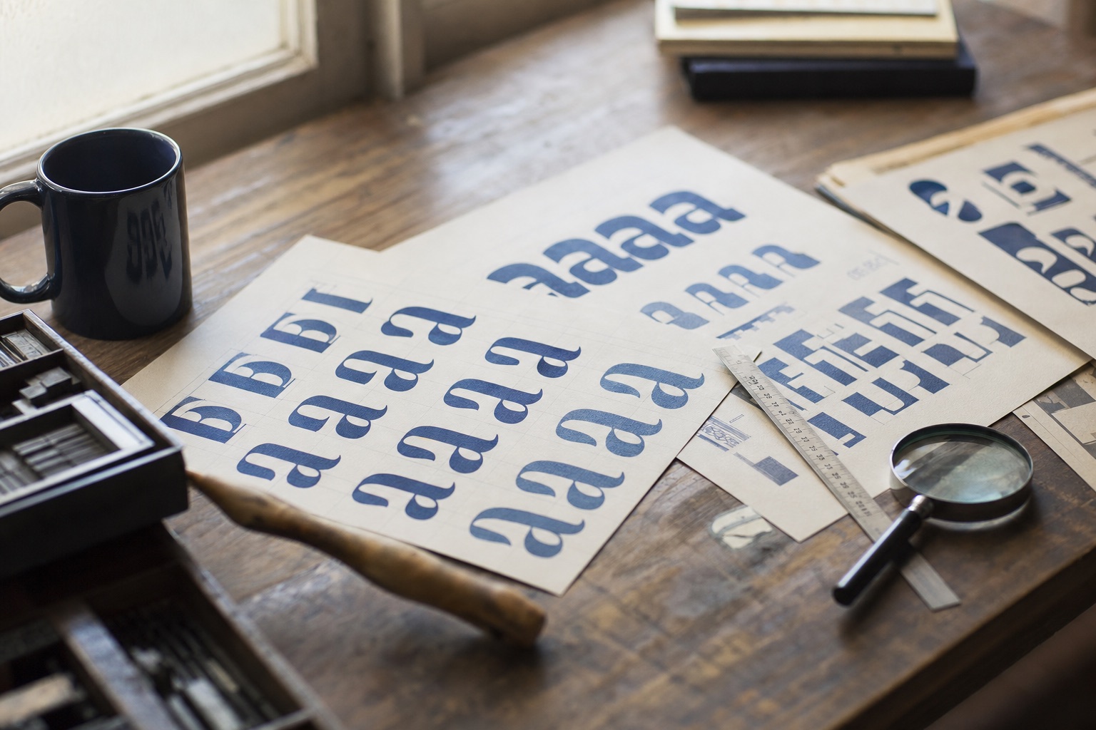 Planche de travail de typographe vue de dessus : spécimens de caractères imprimés en indigo, règle et loupe posées à côté